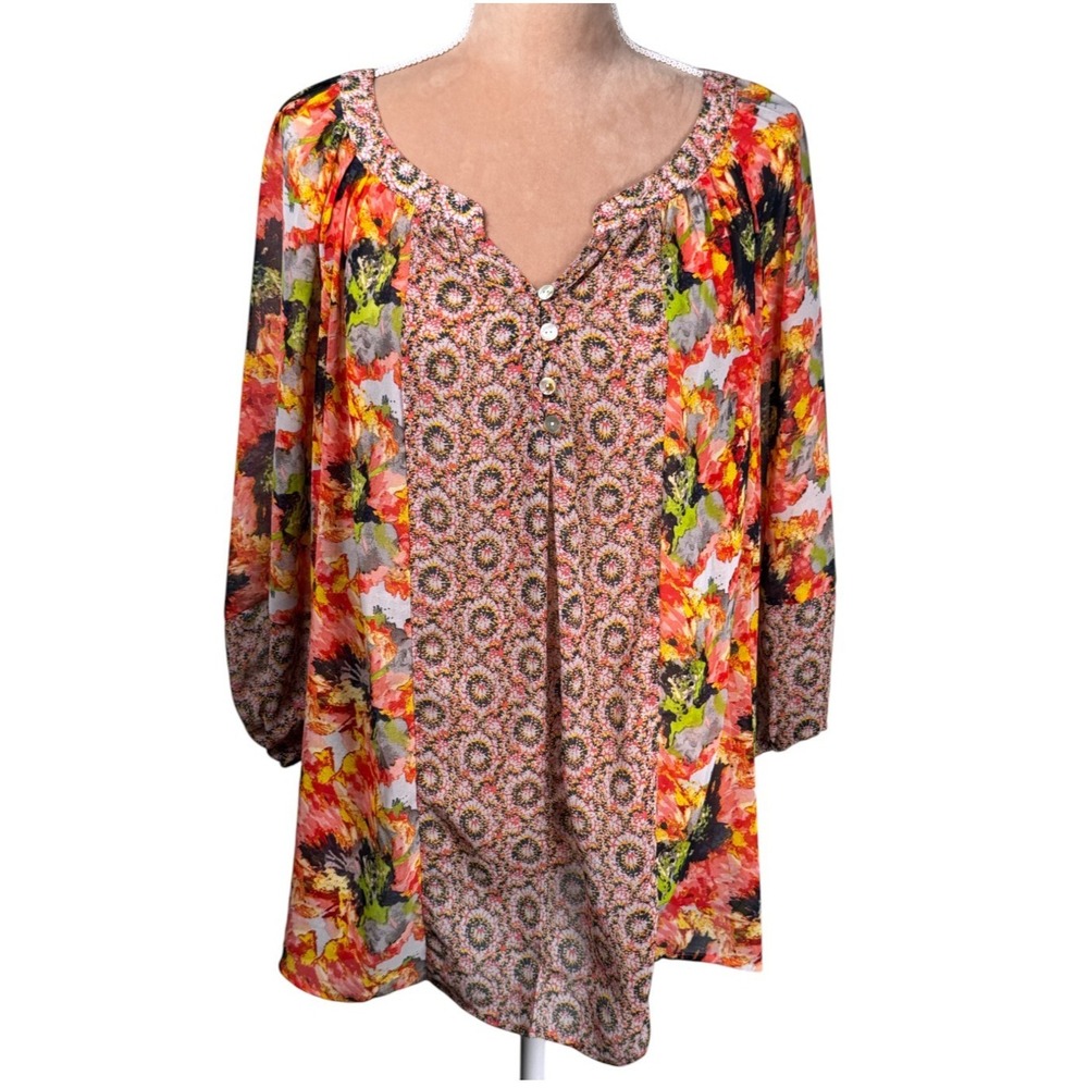 Fig & Flower Womens 2X Top Multicolor Floral 3/4‎ Sleeve Fall Boho Office Mature
